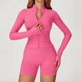 Ensemble de yoga rose sans couture avec veste à manches longues et short taille haute - S / Jacket + Shorts - Rose Red