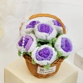 Handmade crochet basket with purple and white knit flowers and decorative pearl chain - 6 Gradient Purple Roses Basket