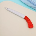 Detailed close-up of a novelty hand-saw shaped ballpoint pen with a red handle - Hand Saw Pen - Red (with Magnet)