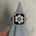 Silver square ring featuring black inlay with white pearls and hollowed band pattern - JZ0285-Square Pearl