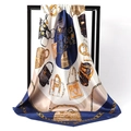 Silky satin square scarf featuring vintage handbag and gold chain prints in navy and cream - Various Handbags Navy Blue