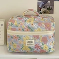 Quilted floral makeup bag in light blue with pink flowers and a sturdy top handle - Oil Painting Floral (Makeup Bag)