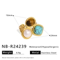 Detail of stainless steel ring with tiger eye, turquoise and pearl on white background - Three-Stone Combination Style (NB-R24239)