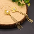 Golden baroque pearl earrings with diamond-shaped hollow design and chain fringe tassels - Rhombus Ethnic Style Tassel Earrings