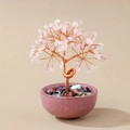 Pink crystal money tree with copper wire branches and a decorative ceramic bowl base - Rose Quartz (Pink Cup)