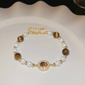 French style bracelet featuring brown tiger eye beads and white pearls with a gold clasp - 76# Bracelet-Gold-Brown