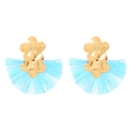 Golden flower earrings with fan-shaped sky blue silk fringe tassels in a vintage style - Blue (K-611)