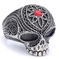 Vintage pirate skull ring in stainless steel with a faceted red gemstone center - 06508 / US Size 9