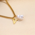 Elegant gold-plated chain necklace featuring a baroque pearl and a letter V pendant - Letter V Necklace