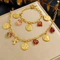 Set di bracciali in acciaio dorato con ciondoli a croce, moneta, cuore e fiori - Set Collana e Bracciale (N3980 B1947)
