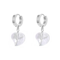 Polished silver hoop earrings with white shell heart-shaped leaf pendants for women - Silver (G312)