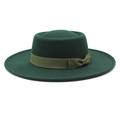 Dark green wide brim wool fedora hat with flat top and elegant side bow decoration - M (56-58cm) / Dark Green