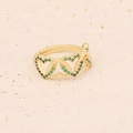 Macro detail of gold-plated open ring featuring three interconnected green zircon hearts - Adjustable Open / Intertwined Hearts Pave Style (6#)