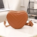 Brown heart-shaped crossbody bag with V-quilted pattern and adjustable fabric strap - Dark Brown