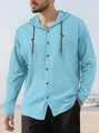 Close-up of light blue cotton hoodie shirt with brown drawstrings and wooden buttons - S / Tops / Sky Blue