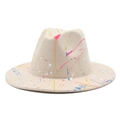 Detail view of beige wool fedora hat with artistic multi-color paint splatter accents - M (56-58cm) / Beige
