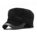 Winter faux fur military flat top hat for men with ear protection and metal plaque - Adjustable / Black