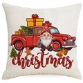 Housse de coussin en lin de Noël avec camion rouge vintage et imprimé lutin - Camion Rétro Père Noël