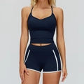 Ensemble de yoga bleu marine deux pièces avec short à liseré blanc et haut de sport à col en V - S / Débardeur + Short / Bleu Abysse