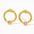 Gold plated water ripple stainless steel earrings with pink zircon stones for women - Gold Pink Zirconia Style (KDE758)