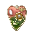 French vintage heart pendant with pink enamel, golden bee and floral details - Pink-Green Heart Sunflower Butterfly-22102