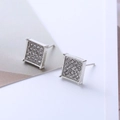 Macro shot of square silver earrings with pave-set shimmering clear rhinestones - D24 Silver Rigid Square