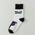 Halloween crew socks with black cartoon cat and purple wizard hat on white fabric - 02 Pumpkin-White Cartoon Cat Wizard Hat