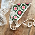 Floral crochet triangle headscarf in pink and white with yellow flower accents - Colorful Floral