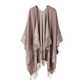 Brown double-sided stripe poncho with animal patterns and decorative fringes - Totem Tassel-Lotus Root Pink
