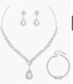 Detail of silver waterdrop jewelry set with sparkling rhinestones on necklace and earrings - 734 Necklace Earrings & G006 Bracelet 3-Piece Set