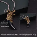 Collana vintage con testa di lupo in bronzo con zanna in acrilico nero e catena d'acciaio - Dente di Lupo n. 26 + Catena in Acciaio da 70cm