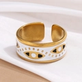 Adjustable wide 18k gold plated ring featuring white enamel and evil eye charms - Adjustable Open / Evil Eye White (JR312-GW)