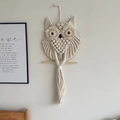 Handwoven macrame owl wall hanging made of cream cotton rope with golden metal ring - Large Owl