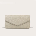 Detail of glitter evening clutch with gold finish, silver V-buckle and elegant chain strap - Gold
