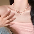 Multi-layer necklace with white pearls and pink stone chips for a trendy dopamine style - Pink Layered Stone Necklace (117#)