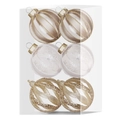 Set de 6 bolas de Navidad oro champán con copos de nieve y purpurina en una caja - Bola de Copo de Neve con Rayas Verticales Pintadas de Lentejuelas Huecas 8CM