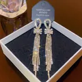 Elegant S925 silver golden long tassel bow earrings with sparkling zircon crystals - E0349 Gold Silver Needle (Bow Zircon Tassel Gold)