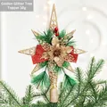 Golden glitter Christmas tree star topper with red bow and pine cones decoration - Gold Glitter Tree Topper Star (Style N)