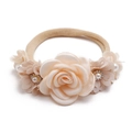 Close-up of baby headband with champagne fabric roses and imitation pearl accents - Style 05