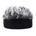 Black beanie with gray wig hair, hipster style novelty hat for fun roleplay costumes - Adjustable / Mesh Landlord Cap / Black Mesh with Gray Wig