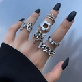 Set di anelli vintage in lega d'argento con farfalla, luna e design gotici - Vintage Punk Set Anelli Dadi Farfalla / Argento Antico
