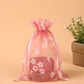 Pink floral organza drawstring bag for 50g gift storage with elegant gold patterns - 13*18cm / Champagne
