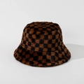 Close-up view of a brown and black checkerboard pattern plush bucket hat for winter - M (56-58cm) / Dark Brown