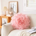 Detail of pink 3D tulle flower throw pillow with layered fabric petals on a beige sofa - Pink Tulle 3D Petal Pillowcase (Cover Only)