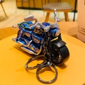 Blue retro motorcycle alloy keychain with silver engine details and double rings - Alloy Pull-back Motorcycle - Blue