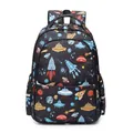 Black school backpack for boys featuring colorful rocket and spaceship galaxy prints - Space Rocket / Black