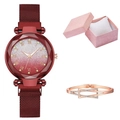 Orologio donna bordeaux con cinturino magnetico, bracciale oro rosa e set regalo - Set Orologio Rosso + Confezione Regalo
