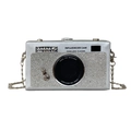 Sparkly rhinestone camera-shaped crossbody bag with silver chain strap and metal accents - Silver