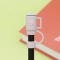 Grey silicone straw cover with a pink daisy decoration on a black drinking straw - Grey Cup / 10mm