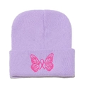 Detailed view of pink butterfly embroidery on a lavender purple knitted beanie winter hat - M (56-58cm) / Light Purple